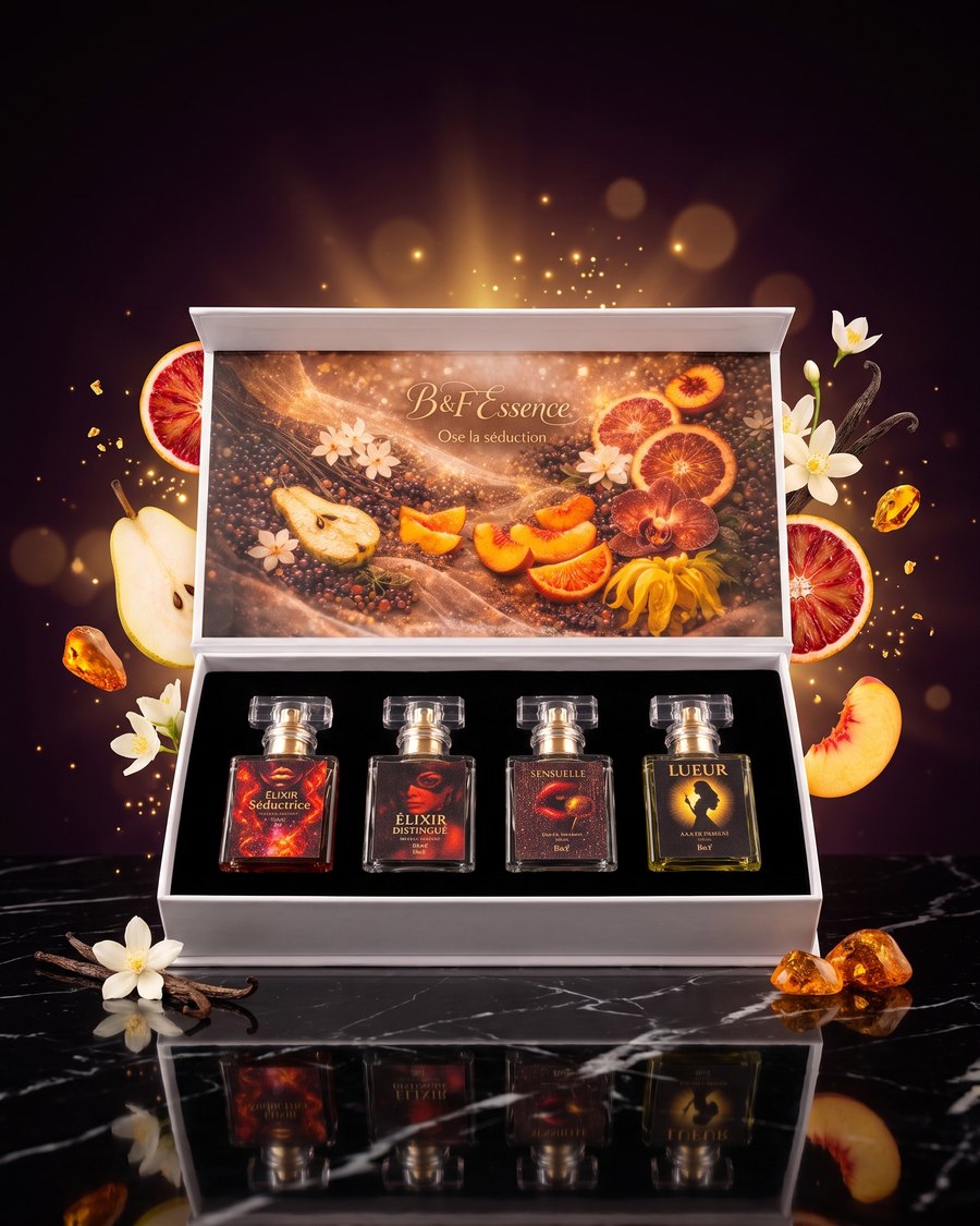 Coffret découverte B&F Essence ouvert : 4 eaux de parfum de 20 ml